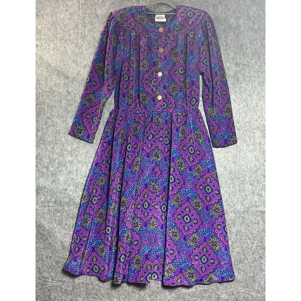 Vintage Leslie Fay Dress Womens P14 Geometric Maxi Office Church Retro Petite 14